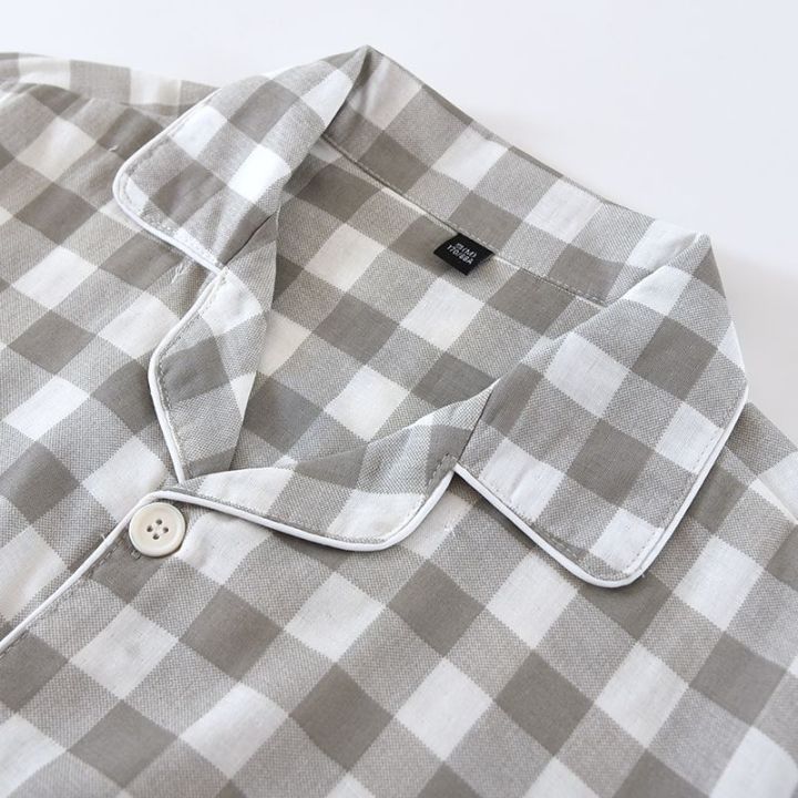 muji-three-piece-plaid-pajamas-mens-summer-thin-cotton-gauze-short-sleeved-trousers-shorts-cardigan-loose-home-clothes