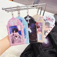 Cute Love Bow Photocard Holder Keychain K-pop Idol Photo Sleeve ID Card Cover Student Bag Pendant Charm Three Inch Card Sleeve