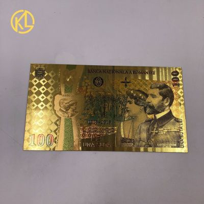 100% ใหม่ KL ธนบัตรพลาสติกฟอยล์สีทองสี1ชิ้นธนบัตรโรมาเนียสกุลเงินที่ระลึก100 Lei สำหรับ100th ครบรอบการรวมกันของโรมาเนีย