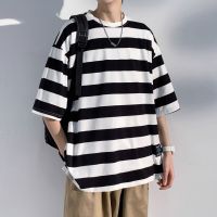 HOT14★ Summer T Shirts Men Cal Round Neck Striped T-shirts Man Loose Mens Tee Shirts