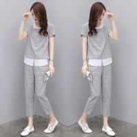 COD dsfgerrety 【Set Wear 】Womens Plaid Suits Loose Casual Sports Suit Short-sleeved Blouse Tops Long Pants Korean Large Size Sets For Female Fashion Checkered Set Suits（Shirt Pants)