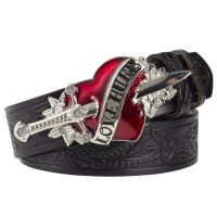 ◘◑ Love Hurts Buckle Sword and Red Heart for Women Fashion Embossed Leather Belt Leisure Decoration