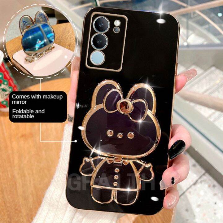 เคสโทรศัพท์สำหรับ-vivo-v29-v27-v27e-v25e-v25-v23-v23e-y36-y27-y78-5g-4g-กระต่ายที่ยึดกระจกพับแต่งหน้ากระต่ายชุบเรียบ-vivo-v29ป้องกันเลนส์กล้องเคสโทรศัพท์