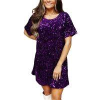 【LZ】☁  Xingqing-Vestido feminino com camisa de lantejoulas manga curta monocromático gola redonda glitter monocromático clubwear vestidos de festa moda feminina