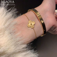 MIAOYA สร้อยคอสแตนเลสใบโคลเวอร์สี่แฉกแฟชั่นสร้อยข้อมือดอกไม้สีสีทองผู้หญิงของขวัญวันเกิดที่สวยงาม