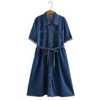 【มีไซส์ใหญ่】Plus Size Womens Thin Denim Dress Short Sleeve A-line Summer Dresses Oversized Button Up Vintage Vestidos