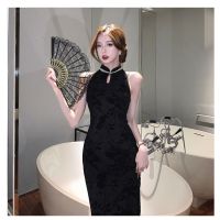 Flocking high-end cheongsam elegant summer long slim sleeveless little black dress slim and light mature dress