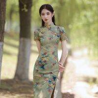 Jodie 2023ใหม่ฤดูร้อนสีเขียว Cheongsam ดอกไม้แขนสั้นวินเทจชุดยาวบางผู้หญิงเครื่องแต่งกายแฟชั่น Qipao เสื้อคลุม Chinoise F Emme