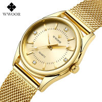 Zegarek Damski Women Watches WWOOR Top Luxury Gold Quartz Clock Ladies Golden Mesh Elegant Bracelet Watch Women Relogio Feminino