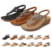 Crystal Strap Roman Wedges Studded Elastic Shoes For Womens Sandals