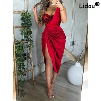 ZZOOI Sexy One Shoulder Shirring Split Midi the Dress Elegant Fashion Women New Summer Party Tunics Y2k Clothes Female Evening Dresses