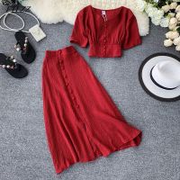 New Fashion Women Outfit 2020 Summer V Neck Single-breasted Crop Tops + A Line Skirts Suits Woman Vintage Two Piece Sets Clothes