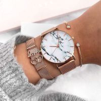 Women Rose Gold Mesh Band Marble Wrist Watches Luxury Quartz Dress Watches Gift Clock