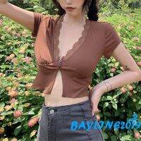 COD DSFERTRETRE BAY-Women Summer Knit Cardigan Adults Button-down Solid Color Lettuce Trim Short Sleeve Lace V-neck Crop Tops