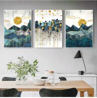 Nordic Mountain Landscape Wall Art ภาพวาดผ้าใบ-บทคัดย่อ Geometric Golden Sun Art พิมพ์สำหรับห้องนั่งเล่น