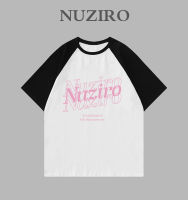 NUZIRO เสื้อยืดแขนสั้นสำหรับผู้หญิง,ผ้าฝ้ายเกาหลีทรงหลวมพิมพ์ลายตัวอักษรสีตัดกัน