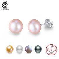 ORSA JEWELS Genuine Fresh Water Pearl Stud Earrings Women 8 MM White Pink Pearls 925 Sterling Silver Female Party Jewelry RSE86