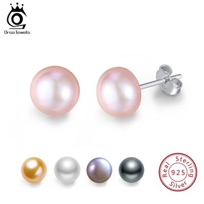 ORSA JEWELS Genuine Fresh Water Pearl Stud Earrings Women 8 MM White Pink Pearls 925 Sterling Silver Female Party Jewelry RSE86
