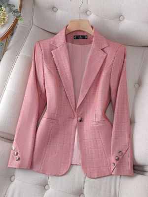 Ladies Formal Blaze New Arrival Pink Black Plaid Women Female Long Sleeve Single Button Slim Business Work Wear Jacket Coat
