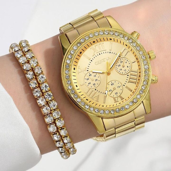 5pcs-ตั้งนาฬิกาหรูผู้หญิงแหวนสร้อยคอต่างหู-rhinestone-แฟชั่นนาฬิกาผู้หญิงสบาย-ๆ-ดูสร้อยข้อมือตั้งนาฬิกา