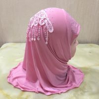 【YF】 H142 fit 2-6 years old small girl hijab hats with lace muslim scarf islamic headscarf hat amira pull on headwrap