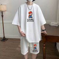 M-8XL เสื้อยืดผู้ชายสไตล์ Mario Pixel ชุดกีฬาลำลองทรงหลวมขนาดใหญ่สำหรับวัยรุ่นฤดูร้อน