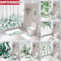 【CW】✔✉  Leaves 3d Shower Curtain Curtains Pedestal Toilet Cover Lid Non-slip Rug Set