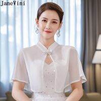 Janevini เสื้อคลุมงานแต่งงานชีฟองหรูหราสำหรับเจ้าสาวปักลูกปัดที่สง่างามสำหรับฤดูร้อนผู้หญิงปาร์ตี้ตอนเย็นผ้าห่อตัวเจ้าสาวเสื้อแจ็กเก็ตสโตเลส