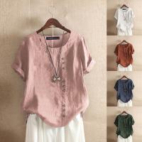 COD DSFDEFERWWWW ??Women Casual Cotton Linen Solid Color Short Sleeve Top Plus Size??