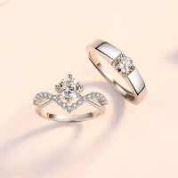 แหวนคู่รักมงกุฎสำหรับความรัก สี่กรงเล็บ 1 กะรัตเพทายแหวนเพชร แหวนแต่งงานสำหรับผู้ชายและผู้หญิง แหวนแต่งงานมงกุฎเปิดคู่ PF0R