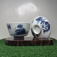 A Blue And White Porcelain Tea Set Painted With Landscape On A Background ชามชงชาแบบมีฝาปิดเซรามิกสไตล์จีนแนววินเทจ