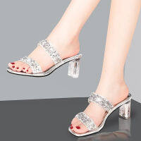 Silver Rhinestone New High Heels Womens Slippers Elegant Square Heel Peep-Toe Low-Heeled Sandals Designer Hollow Ladies Slides