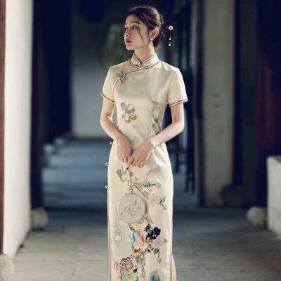 สาว Qipao ยาวชุดเดรสแบบจีนโมเดิร์น Eleganti ผู้หญิงแบบดั้งเดิม Cheongsams Hanfu Robe Orientale ฤดูร้อน Vintage Vestido Chino ใหม่