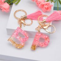 【cw】 New Fashion English Keychain With Tassel Pink A-Z Keyring Glitter Filling Resin Chains Gifts Accessories ！