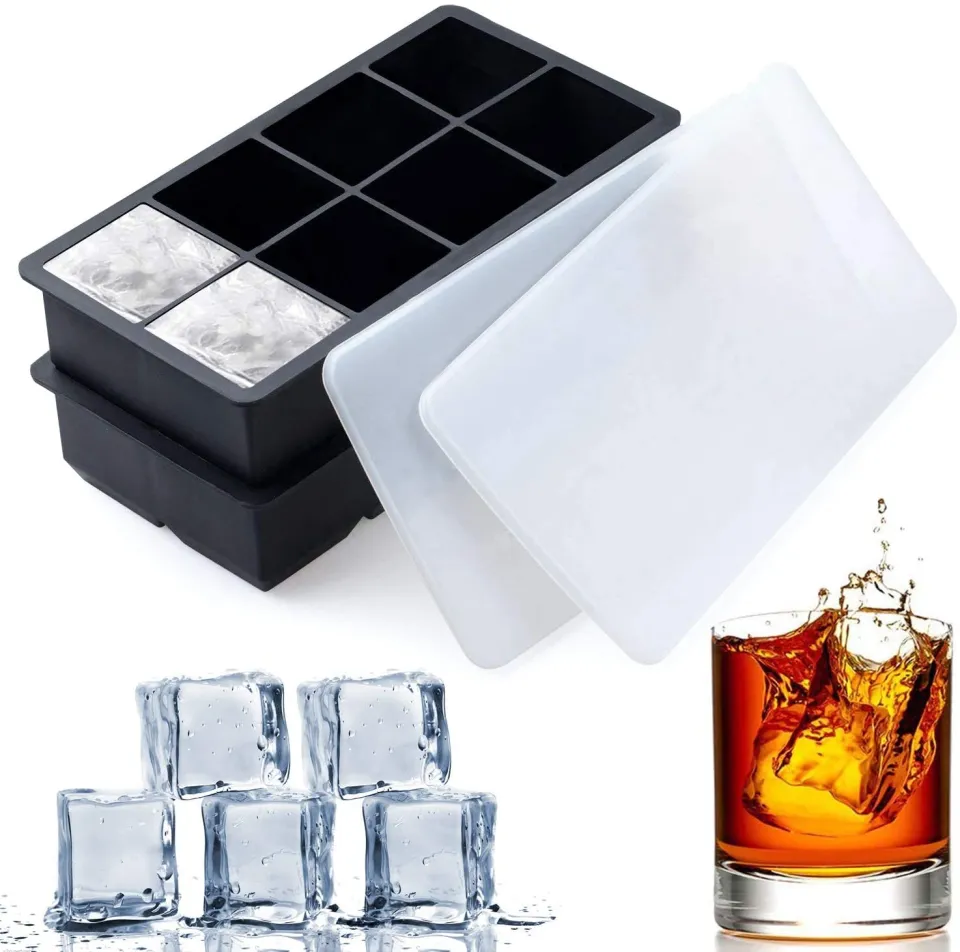 Set of 2 Ice Cube Trays Silicone Sphere Whiskey Ice Ball Maker with Lids &  Large Square Ice Cube Molds for Cocktails & Bourbon - AliExpress