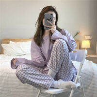 2022 Spring Winter All Season Fashion Womens Casual Lovely Solid Plaid Sleepwear Homewear Cute Pajamas Set With Pants