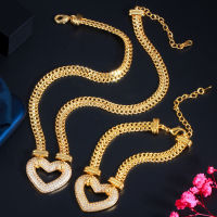 CWWZircons Luxury Gold Color Cubic Zirconia Heart Bracelets Choker Necklace Sets for Women Wedding Bridal Jewelry Bijoux T500