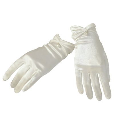 ♠☍ Short Opera Party 20s Satin Gloves Adult Size Wedding Bridal Gloves with Pearl