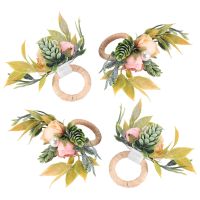 Double Rose Napkin Rings Set of 4, Pink Flower Napkin Rings with Berries and Green Leaves Handmade Napkin Ring Holders