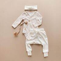 Baby Girls 3PCS Outfit Sets Solid Color Long Sleeve V-Neck Buttons Romper Long Ribbed Elastic Band Pant Bow Hair Band Sets  by Hs2023