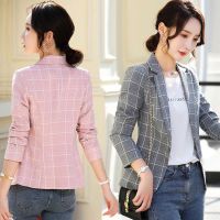 COD DSFGERRTYTRRE 【Plus Size M-4XL】Ladies Office Clothes Notched Collar Fashion Plaid Women Blazer Long Sleeve Slim Jacket Casual Female Suits Coat