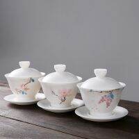 ฝาปิดถาดรองจานชามชามมีฝาเซรามิกมือวาด Gaiwan แบบมีฝาแก้วมักทำด้วยมือเนื้อแกะอ้วนเครื่องเคลือบหยก