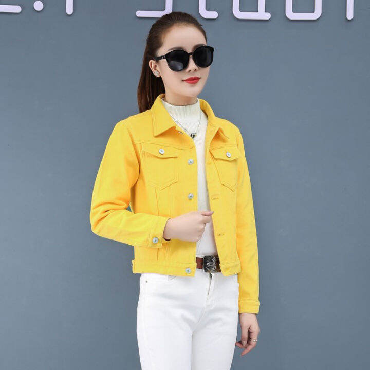 women-denim-jacket-spring-autumn-short-coat-jean-casual-tops-korean-2021-loose-outerwear-plus-size-yellow-red-green-white-solid