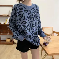 New Winter Fashion Casual Womens Sweater Retro Leopard Print Knitted Pullover Femme Jumper Oversized Blouse Baggy Jersey Mujer