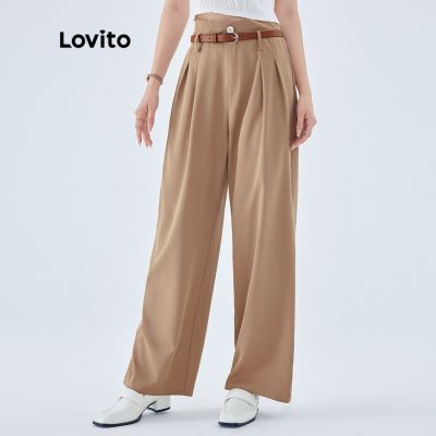 [ส่งของ]Lovito กางเกงหรูหราลำลอง มีเข็มขัด อีดจีบหน้า สำหรับสตรี L49ED084 (สีน้ำตาล)