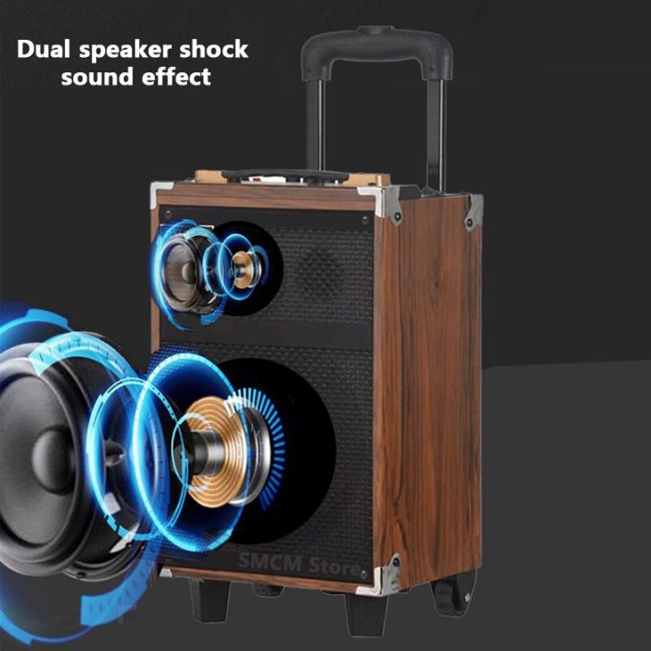 wooden-12-inch-8-inch-karaoke-party-subwoofer-9000w-peak-power-large-outdoor-handcart-bluetooth-speaker-with-microphone-fm-usb-wireless-and-bluetooth