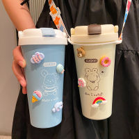 500มิลลิลิตรน่ารักขวดน้ำเทอร์โมสแตนเลส Kawaii แก้วฉนวนสำหรับกาแฟฟองนมชาถ้วยด้วยฟาง3D สติ๊กเกอร์สาย