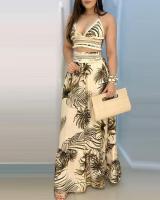 Tropical Print Halter Crop Top &amp; Ruffle Hem Maxi Skirt Set Chic Fashion Summer Daily Form-Fitting High Style Sexy