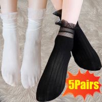 5Pairs/lot Velvet Frilly Ruffle Socks Women Ultra-thin Transparent Lace Socks Retro Summer Harajuku Long Stocking Hollow Out Sox