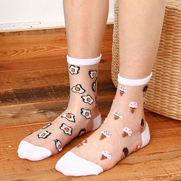 therye-เค้กเกาหลีฤดูร้อนสำหรับผู้หญิงการ์ตูนอาหารเส้นใยลายอะคริลิคถุงเท้าผ้าไหมแก้วถุงเท้าถุงเท้าทรงท่อใส